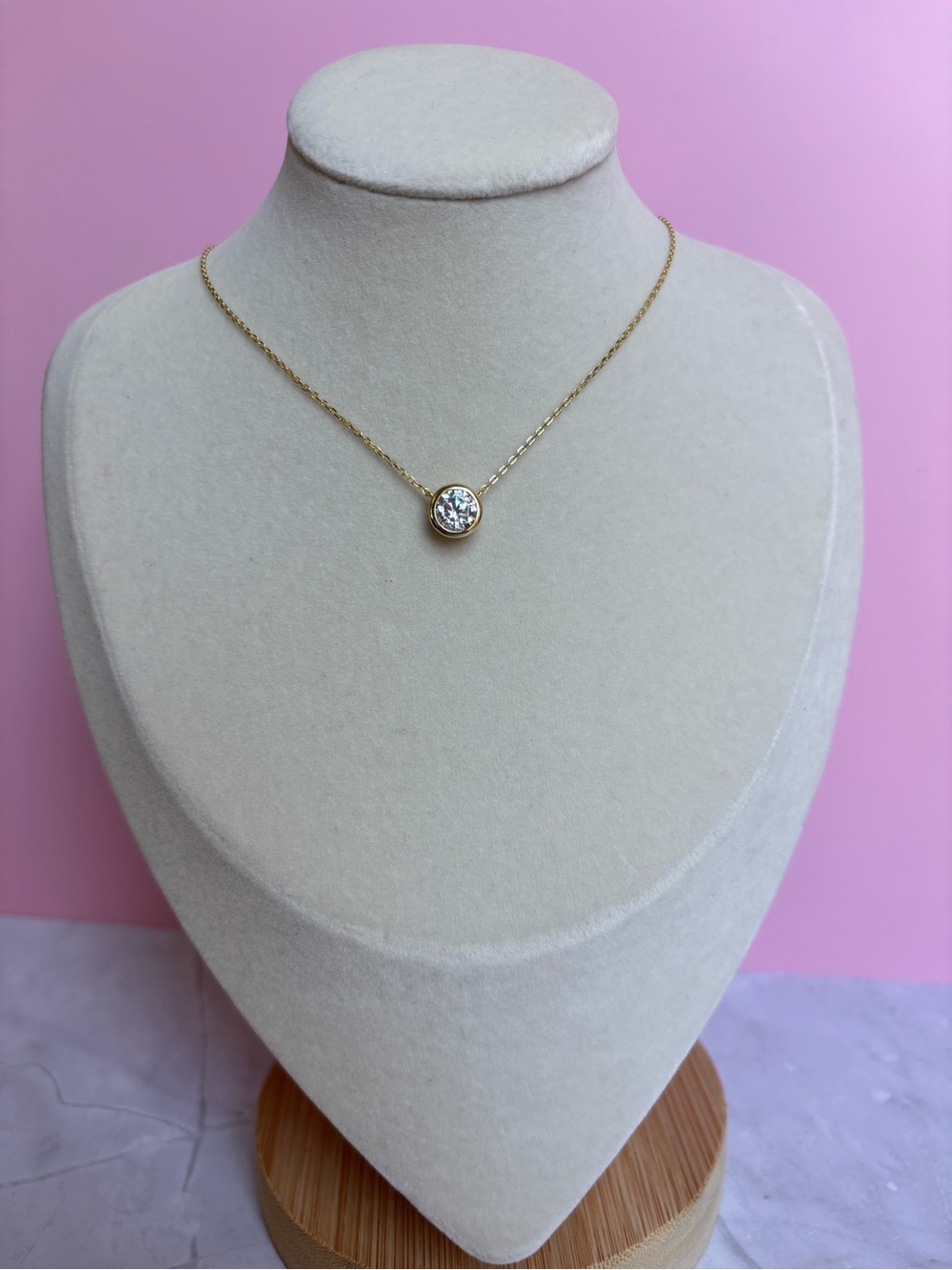 Gold Solitaire Cubic Zirconia Bezel Necklace - Gold